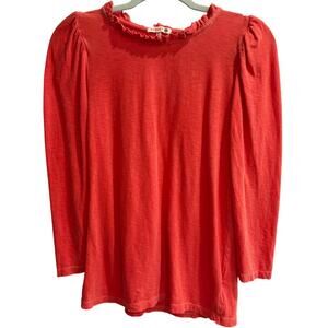 Sundry Coral Red 3/4 Sleeve Pima Cotton Ruffle Neckline Top Size Small